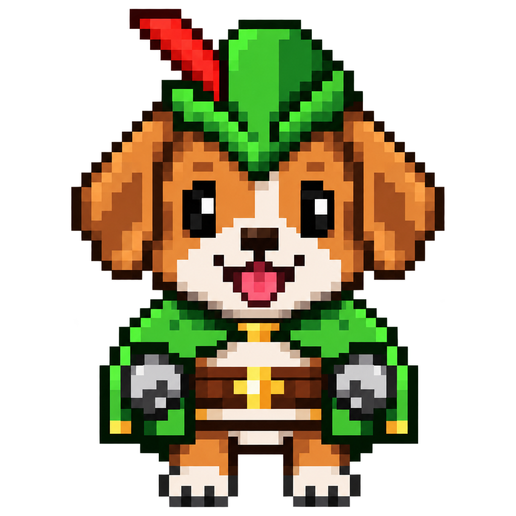 Robinpup, a pixel-art puppy in a green Robin Hood hat and cape